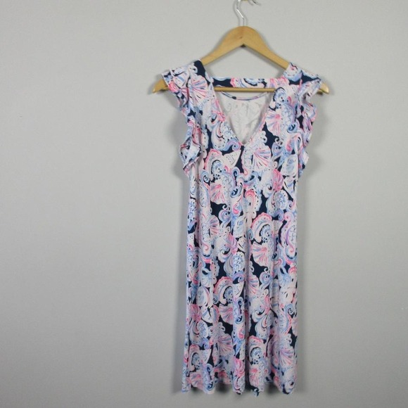 Lilly Pulitzer Dani Dress XS For Shore High Tide Blue Coral Rayon Coastal 280 - Picture 2 of 8